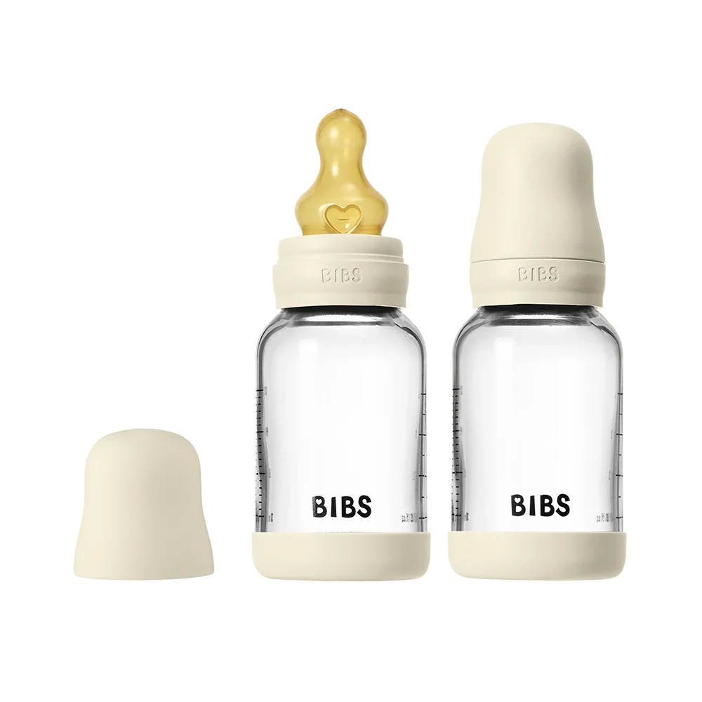 BIBS Glass Baby Bottle Round Latex 120ml 2 Pack Ivory