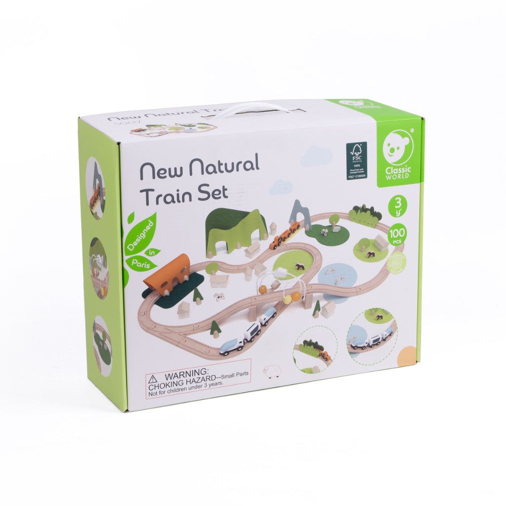 Classic World - Pretend & Play - Natural Wooden Train Set - 100pcs
