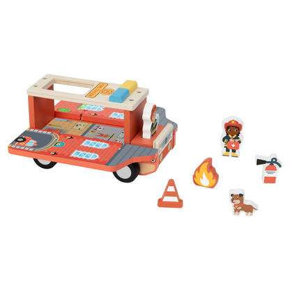 TookyToy - Pretend Play Wooden Fire Truck Toy Set - 7 Pieces