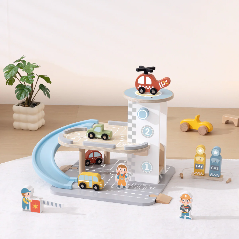 TookyToy - Parking Garage: Wooden Car Ramp Playset - 13pcs