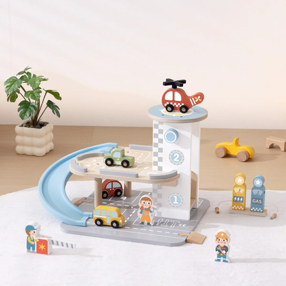 TookyToy - Parking Garage: Wooden Car Ramp Playset - 13pcs