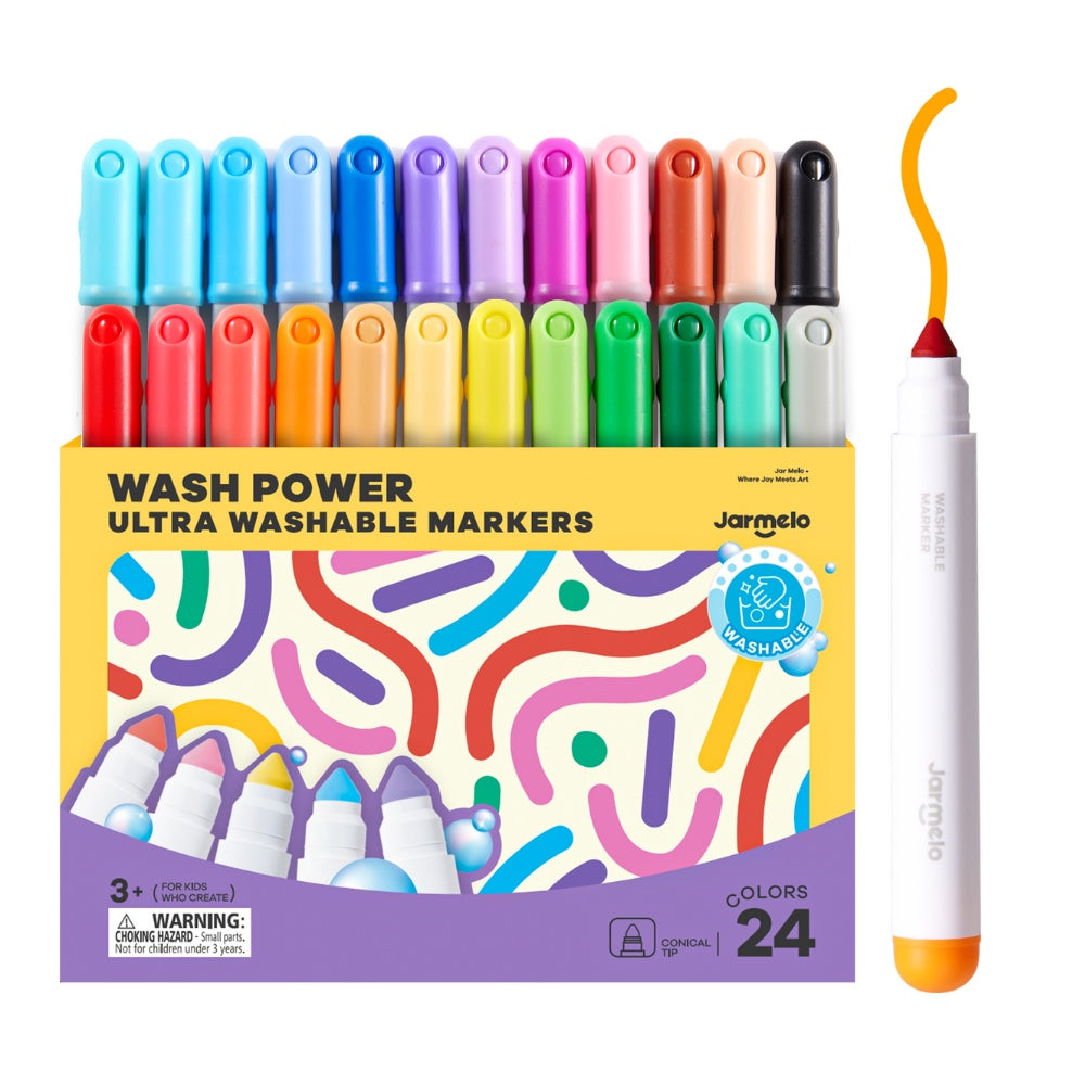 Jar Meló - Washable Markers - 24 Non-Toxic Colours with Conical Tips