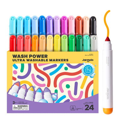 Jar Meló - Washable Markers - 24 Non-Toxic Colours with Conical Tips