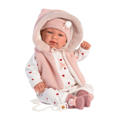 Llorens - Newborn Baby Girl Doll with Crying Mechanism, Pink Romper & Accessories: Tina - 44cm - Motherhood