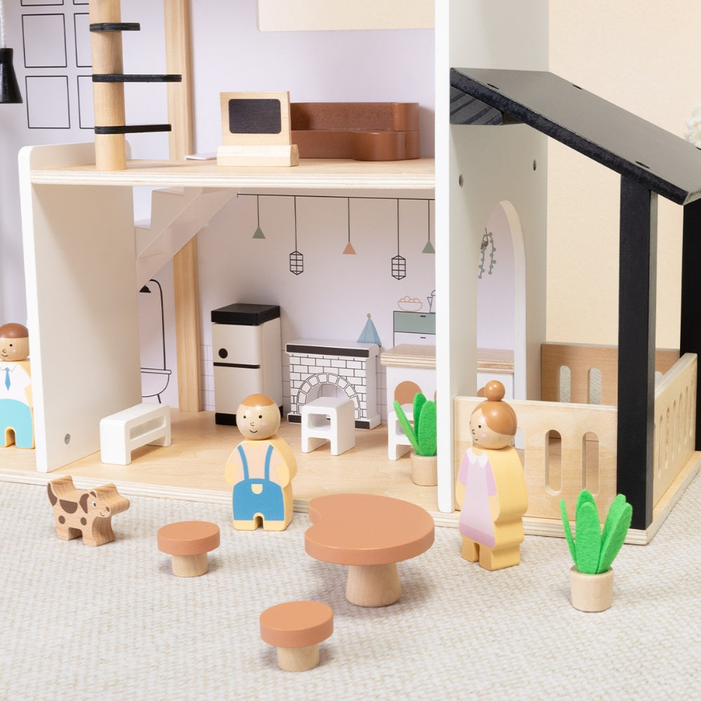 TookyToy - Wooden Dollhouse Toy Set with Furniture and Accessories