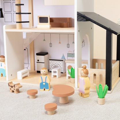 TookyToy - Wooden Dollhouse Toy Set with Furniture and Accessories