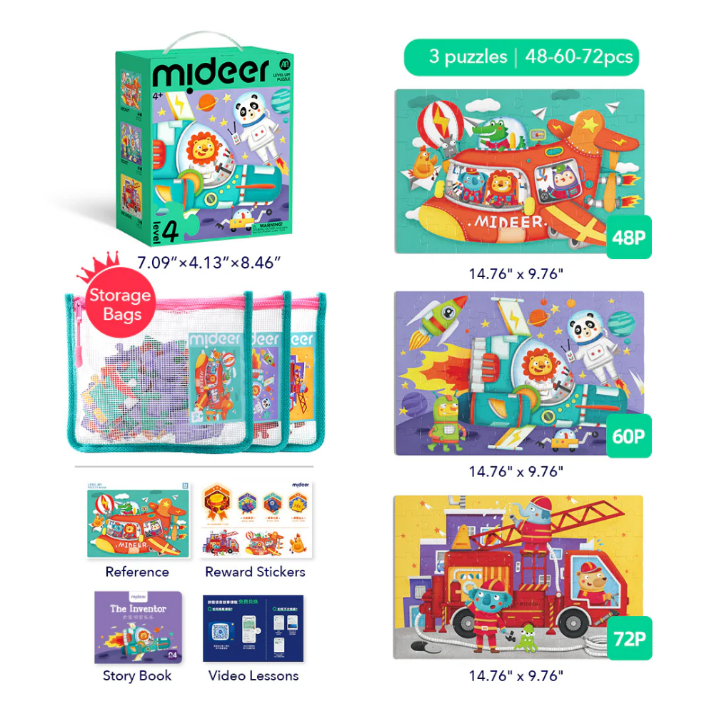 Mideer - Level Up Jigsaw Puzzle for Kids- 3-in-1 - Level 4 Transportation