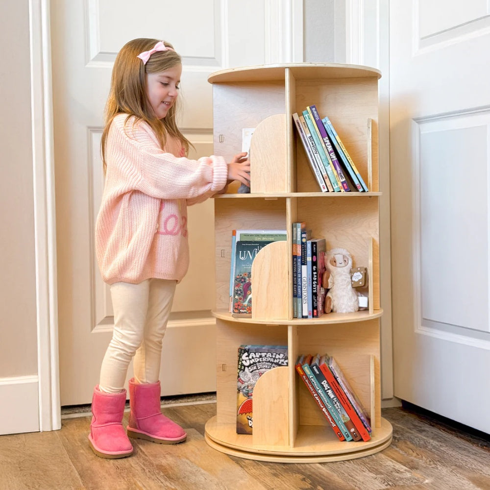 TookyToy - Wooden Rotating Bookshelf, Standing Bookcase for Kids Room