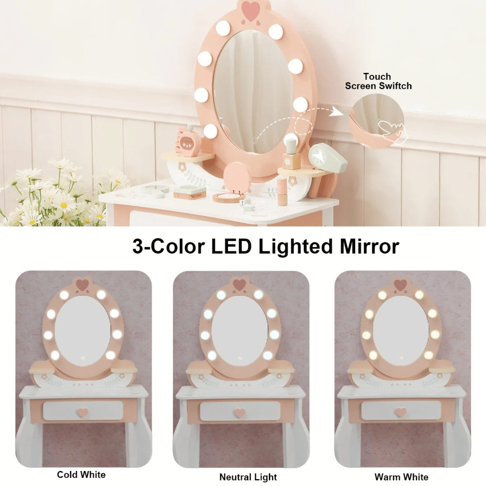 TookyToy - Wooden Vanity Table with Light-Up Mirror & Stool