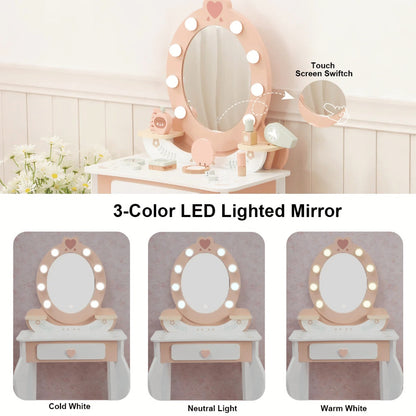 TookyToy - Wooden Vanity Table with Light-Up Mirror & Stool