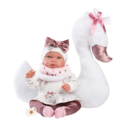 Llorens - Baby Girl Doll With Clothing And Accessories: Tina Llorona With Swan Cushion- 44cm (Crying Mechanism)