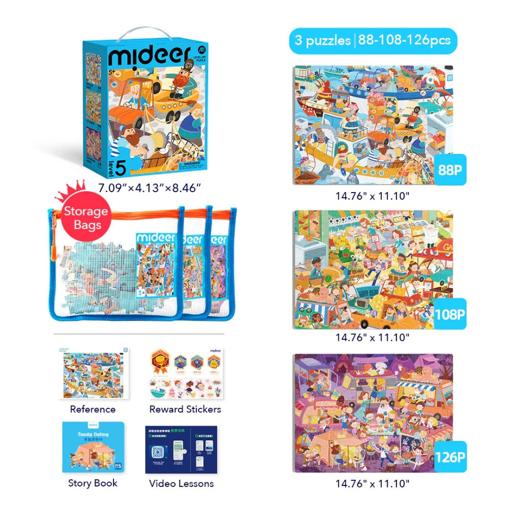 Mideer - Level Up Jigsaw Puzzle for Kids - 3-in-1 - Level 5 Bustling Market