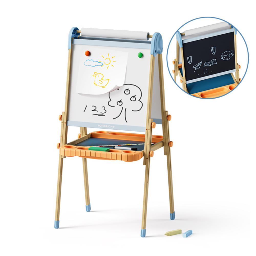 TopBright - 2 in 1 Deluxe Standing Art Easel - Adjustable Height - Black & White Board with Paper & Paint Holder - 54 x 49 x 112 cm