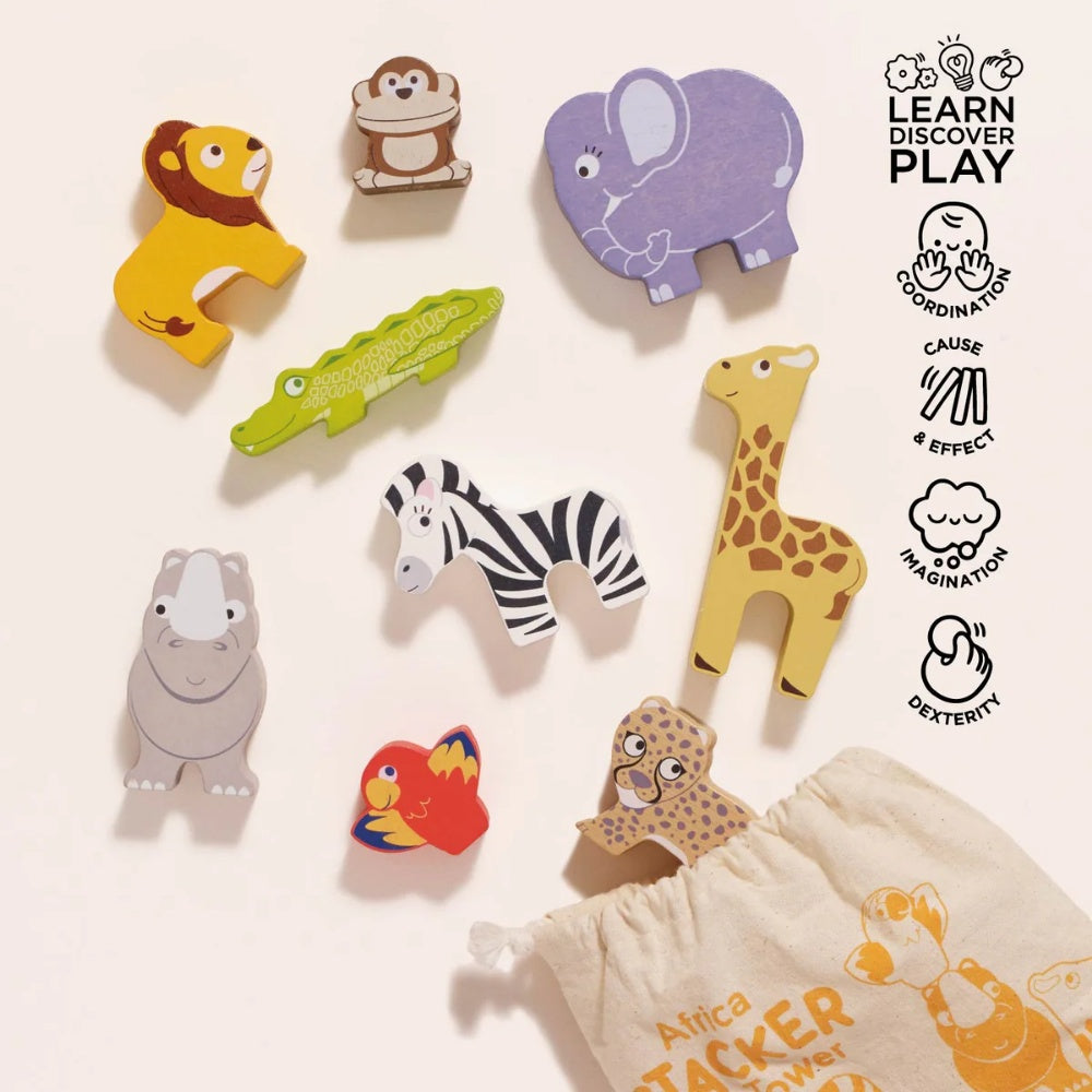 Le Toy Van - Wooden Stacking African Animals & Bag - 10pcs