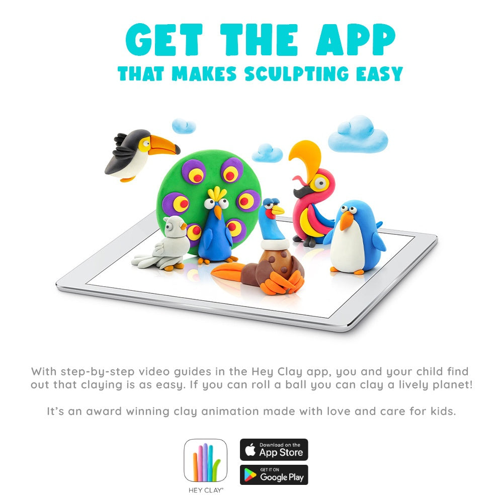 Hey Clay - Modelling Air-Dry Clay with Fun Interactive App - Toucan, Penguin, Peacock, Series Birds, 6 cans