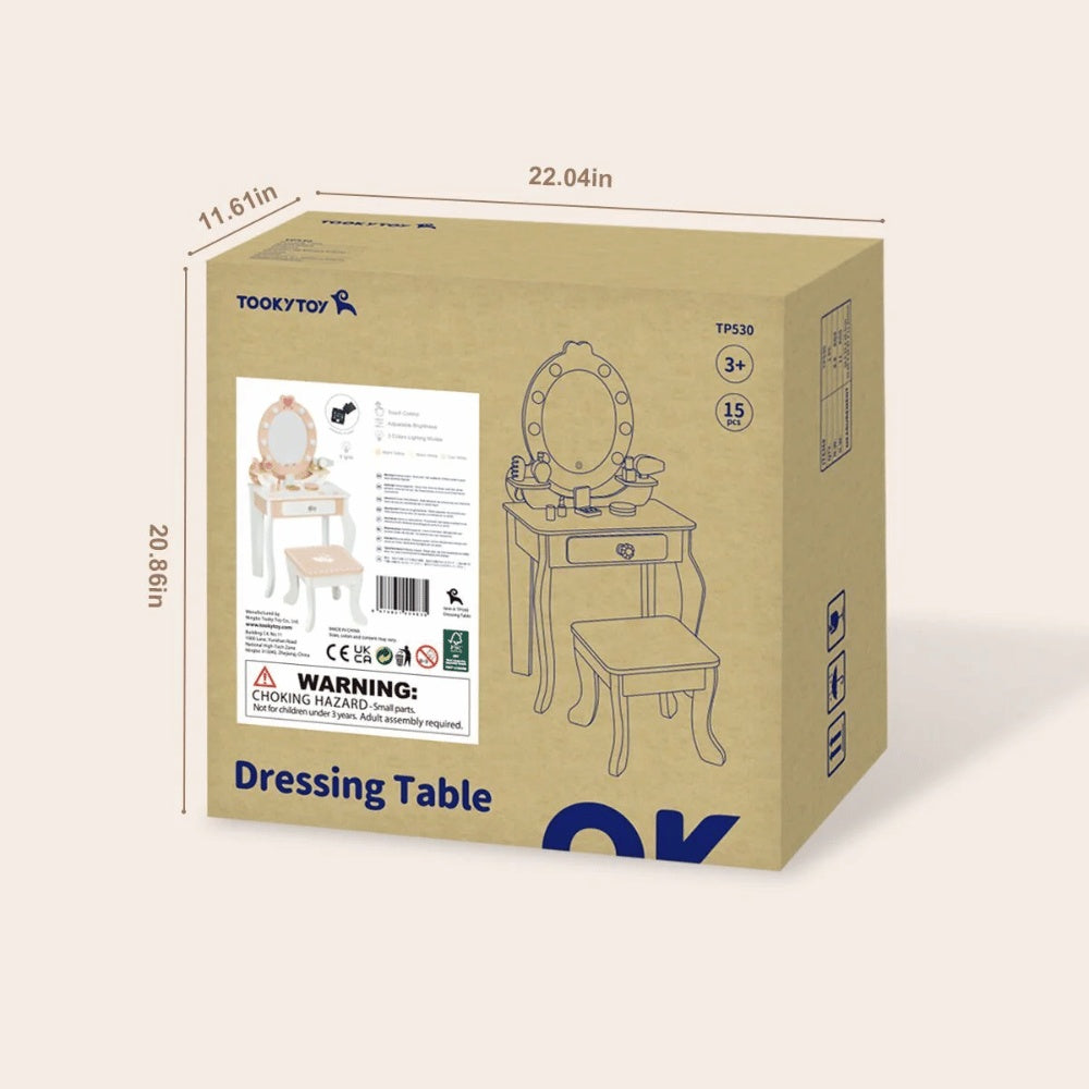 TookyToy - Wooden Vanity Table with Light-Up Mirror & Stool