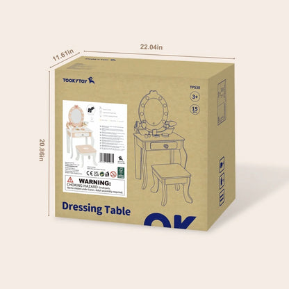 TookyToy - Wooden Vanity Table with Light-Up Mirror & Stool
