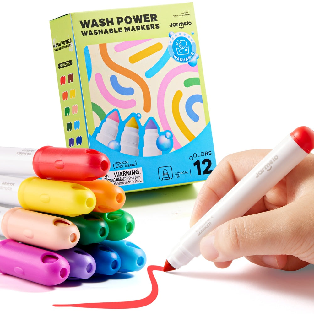 Jar Meló - Washable Markers - Broad Tip, 12 Vibrant Colours for Kids