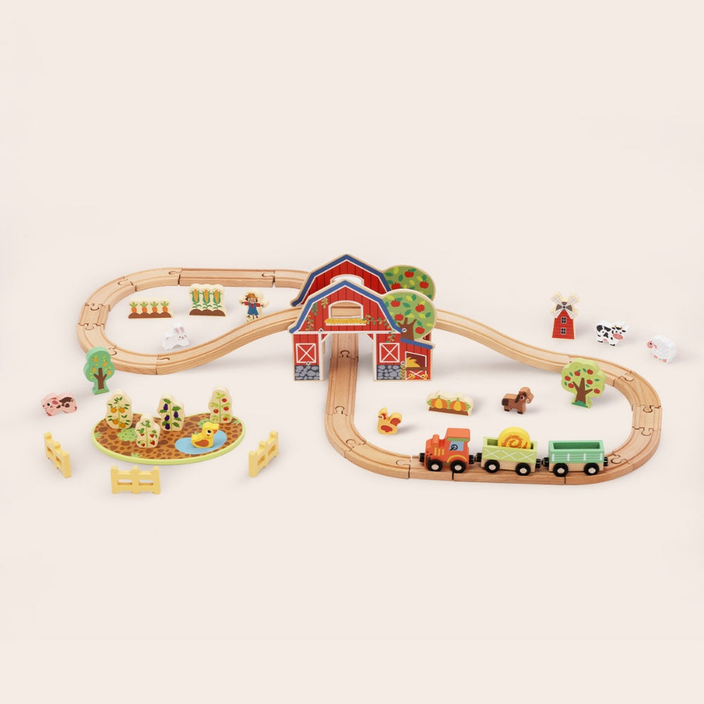 TookyToy - Wooden Farm Train Track Set - 50 Pieces