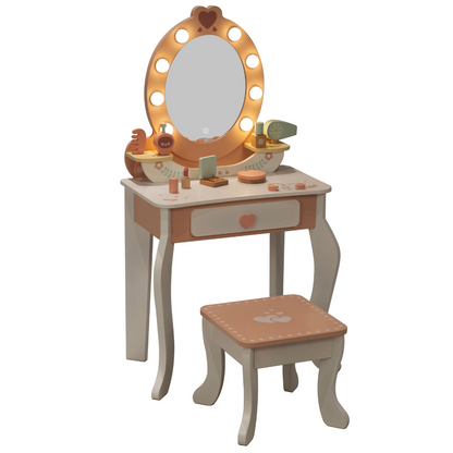 TookyToy - Wooden Vanity Table with Light-Up Mirror & Stool