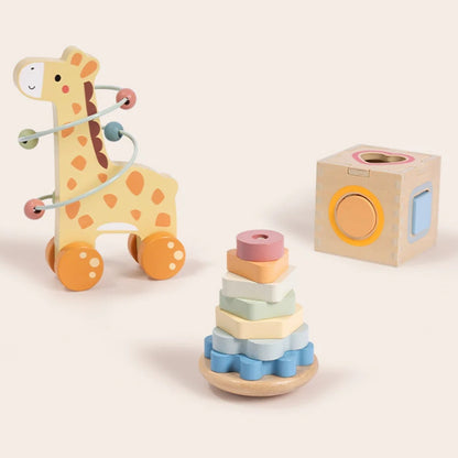 TookyToy - 3-in-1 Wooden Gift Set - Giraffe Pull-Along, Stacking Tower and Shape Sorter
