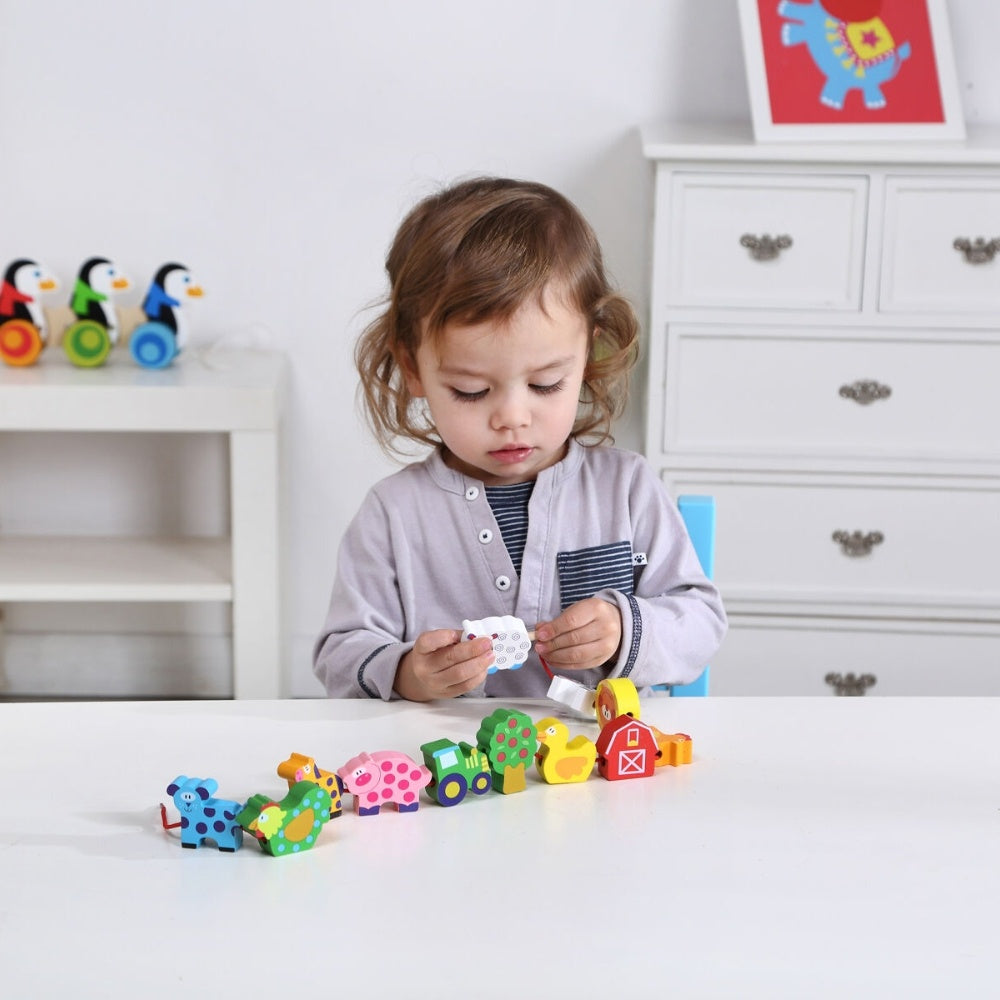TookyToy - Fine Motor Lacing Blocks - Farm Animals Set