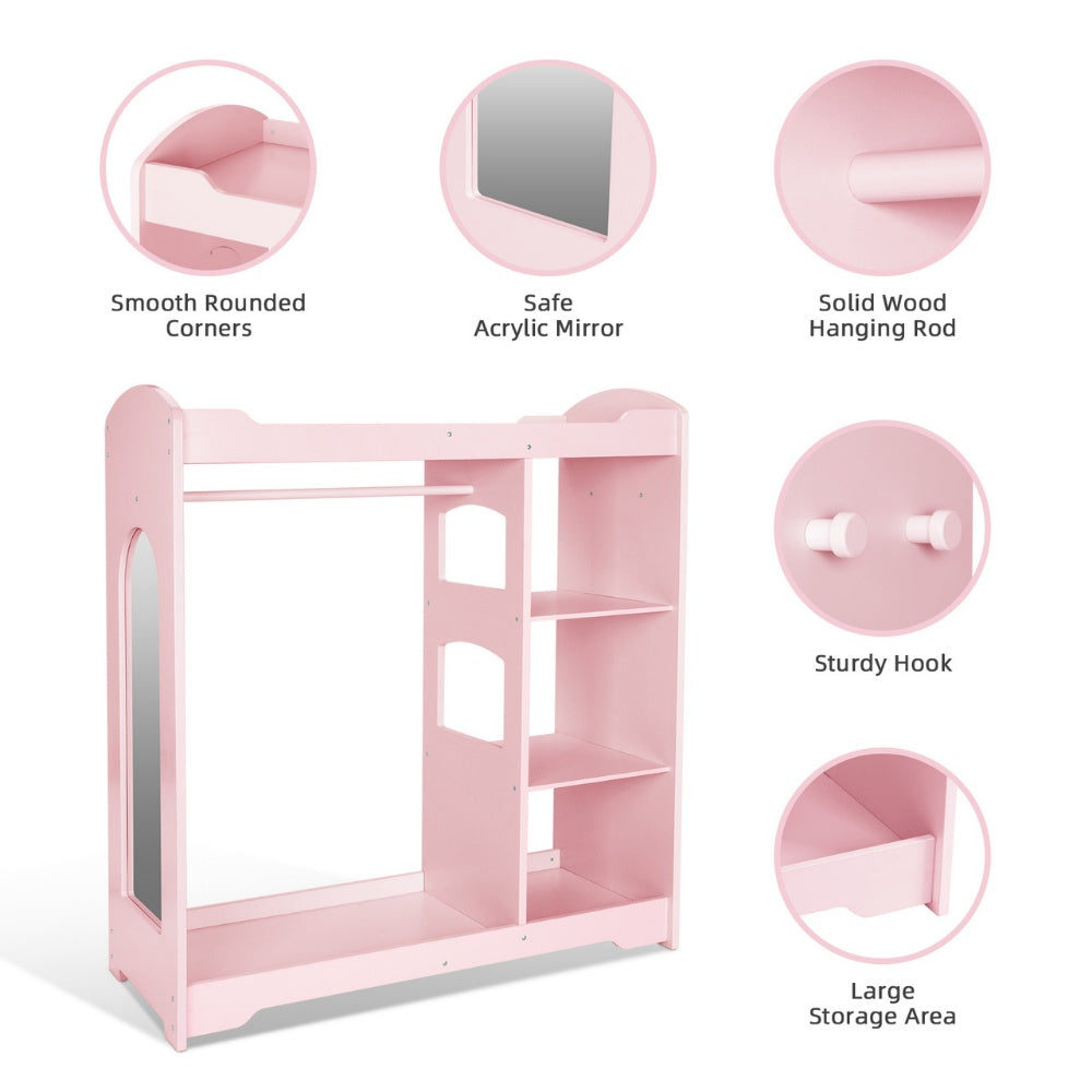 TookyToy - Wooden Kids Wardrobe and Dress Up Storage Unit with Mirror