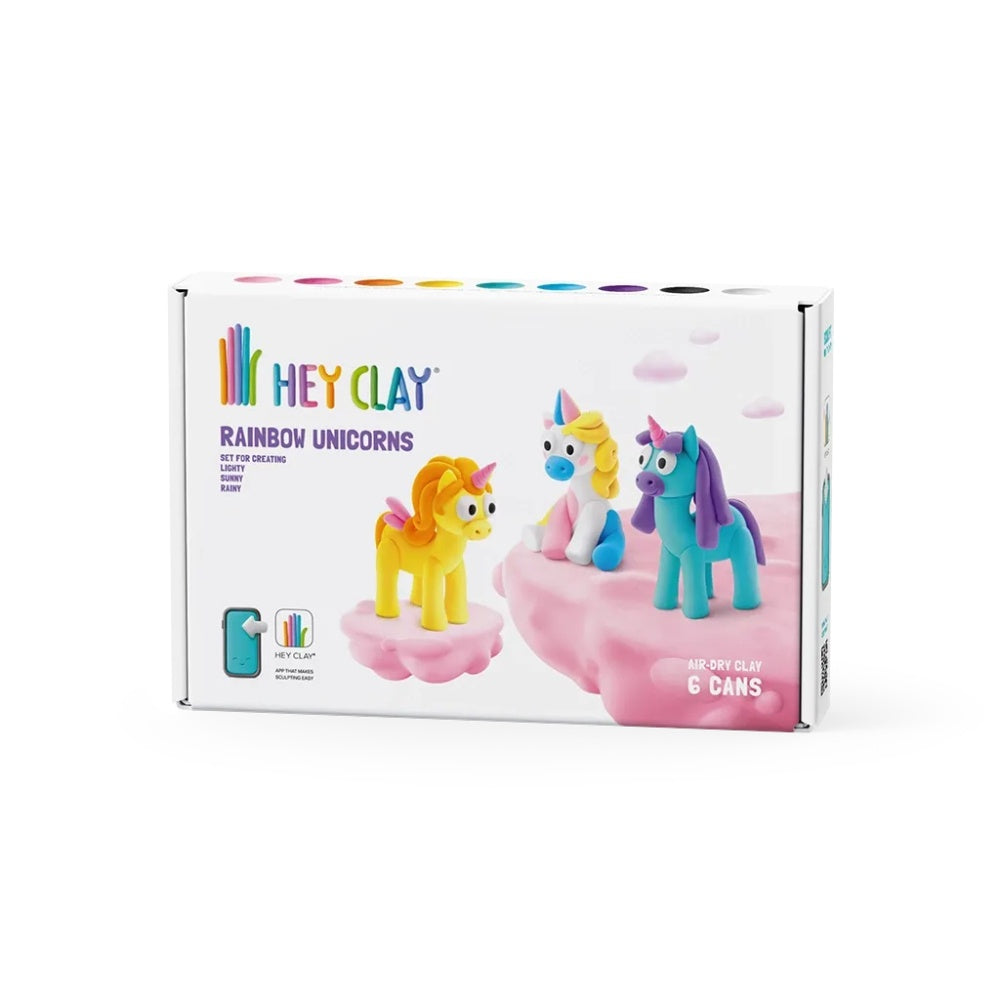 Hey Clay - Modelling Air-Dry Clay with Fun Interactive App - Lighty, Sunny, Rainy, Series Rainbow Unicorns, 6 cans
