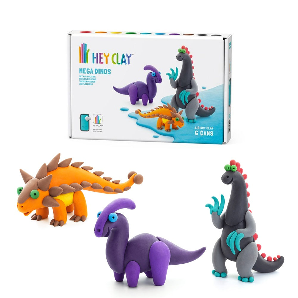 Hey Clay - Modelling Air-Dry Clay with Fun Interactive App - Ankylosaurus, Parasaurolophus, Therizinosaurus, Series Mega Dinos, 6 cans