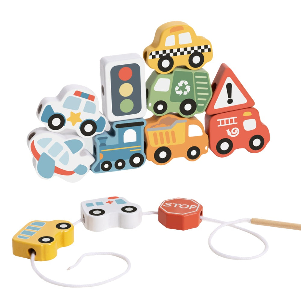 TookyToy - Fine Motor Wooden Lacing Blocks - Transport Set - 13 Pieces