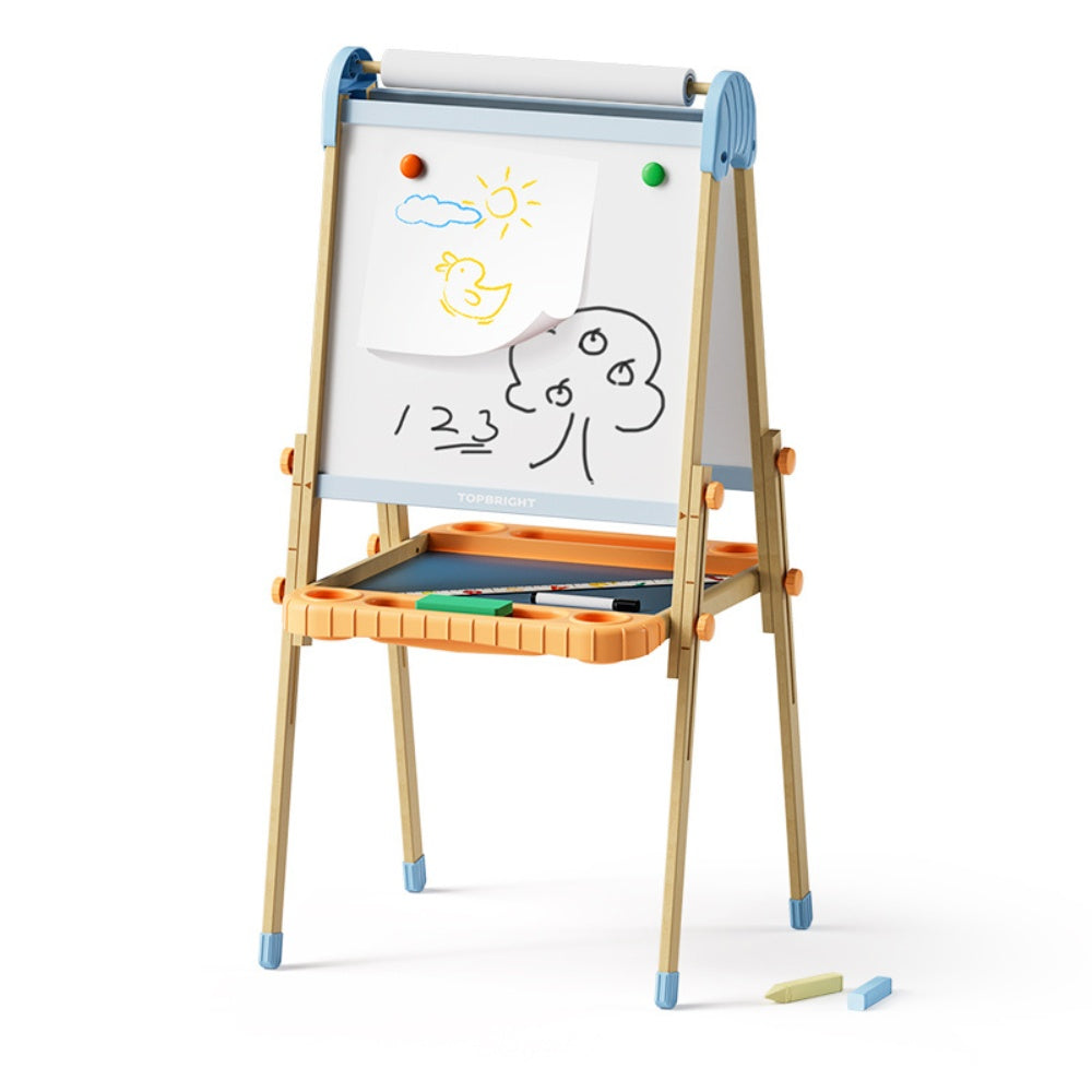 TopBright - 2 in 1 Deluxe Standing Art Easel - Adjustable Height - Black & White Board with Paper & Paint Holder - 54 x 49 x 112 cm