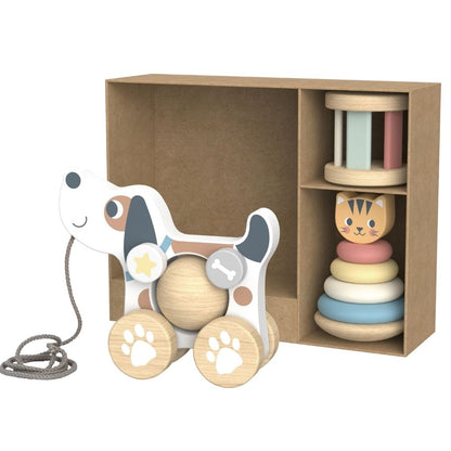 TookyToy - 3-in-1 Wooden Toy Gift Set - Rattle, Stacking Tower and Pull-Along Puppy - Motherhood