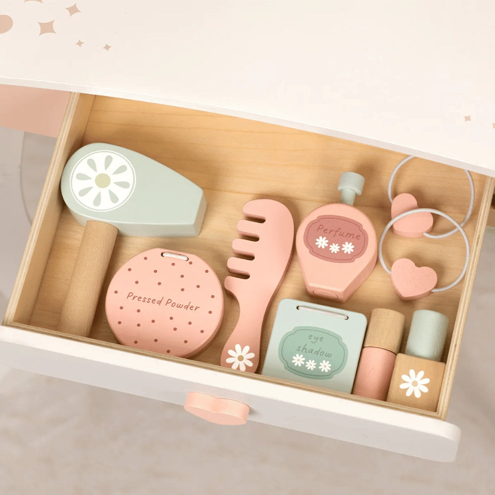 TookyToy - Wooden Vanity Table with Light-Up Mirror & Stool