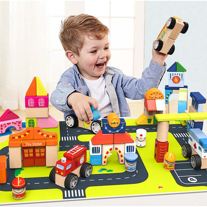 TopBright - TopBright Wooden City Building Blocks Play Set & Road Mat 126pcs