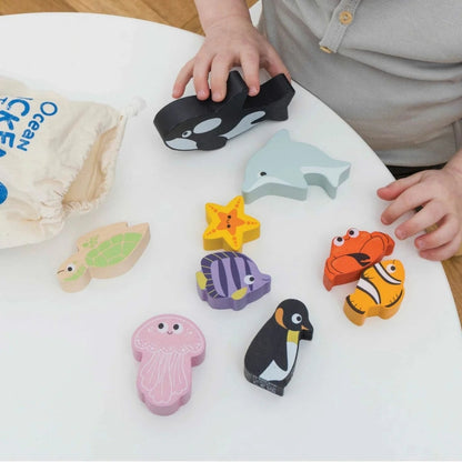 Le Toy Van - Wooden Ocean Life Stacking Animals & Bag - 10pcs