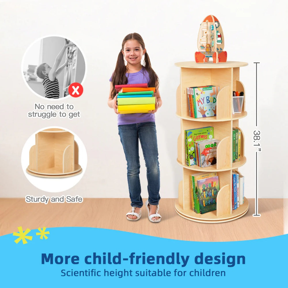 TookyToy - Wooden Rotating Bookshelf, Standing Bookcase for Kids Room