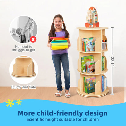 TookyToy - Wooden Rotating Bookshelf, Standing Bookcase for Kids Room
