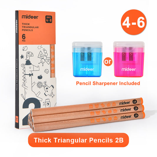 Mideer - Triangular 2B Pencils - 6 Thick Easy Grip Pencils for Early Writing