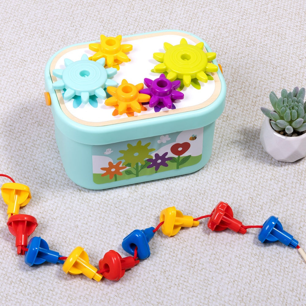 TookyToy - 3-in-1 Activity: Pegs, Gears & Lacing Fine Motor Toy for Kids