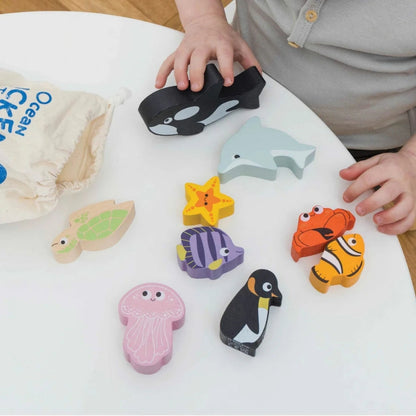 Le Toy Van - Wooden Ocean Life Stacking Animals & Bag - 10pcs