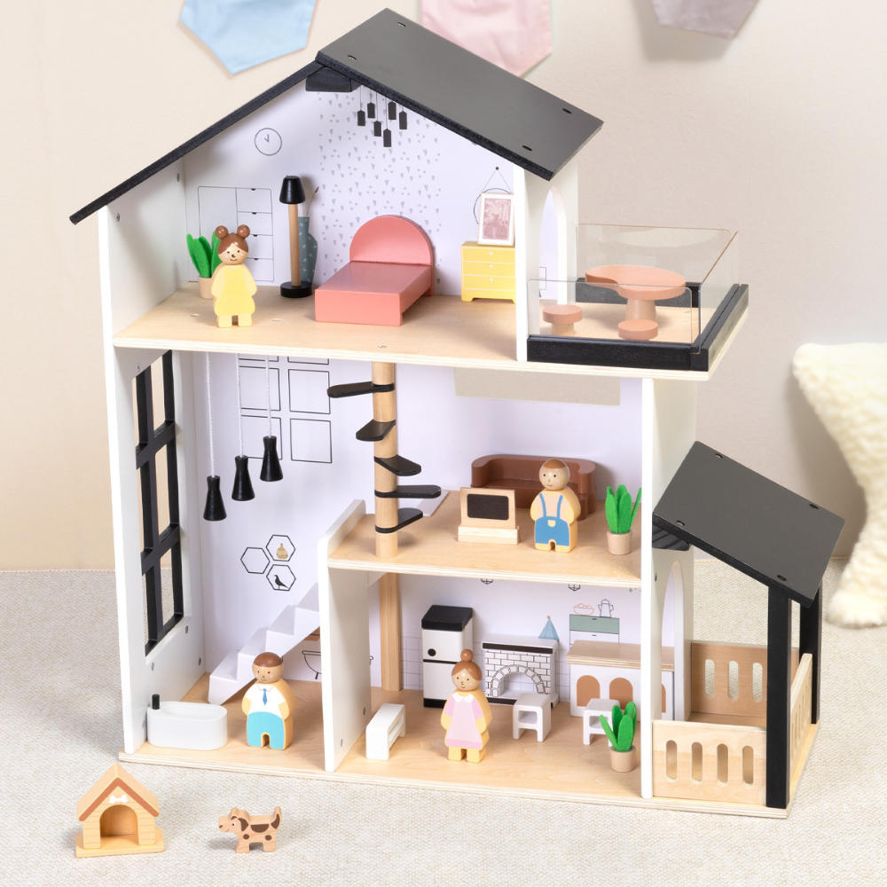 TookyToy - Wooden Dollhouse Toy Set with Furniture and Accessories
