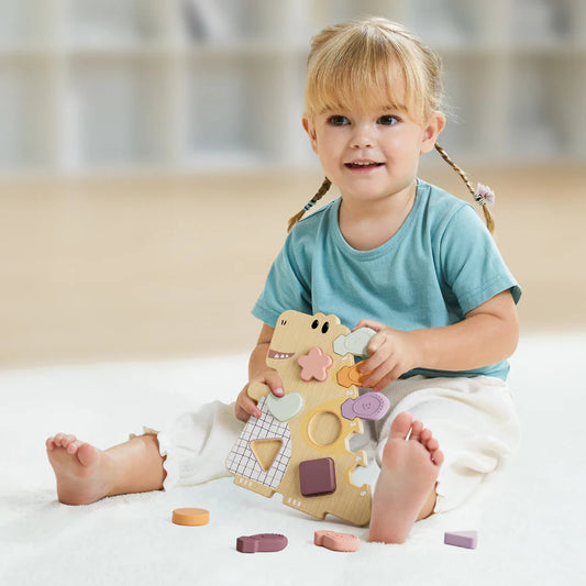 TopBright - Happy Dinosaur - Wooden Shape Sorting Activity Toy - 16pcs