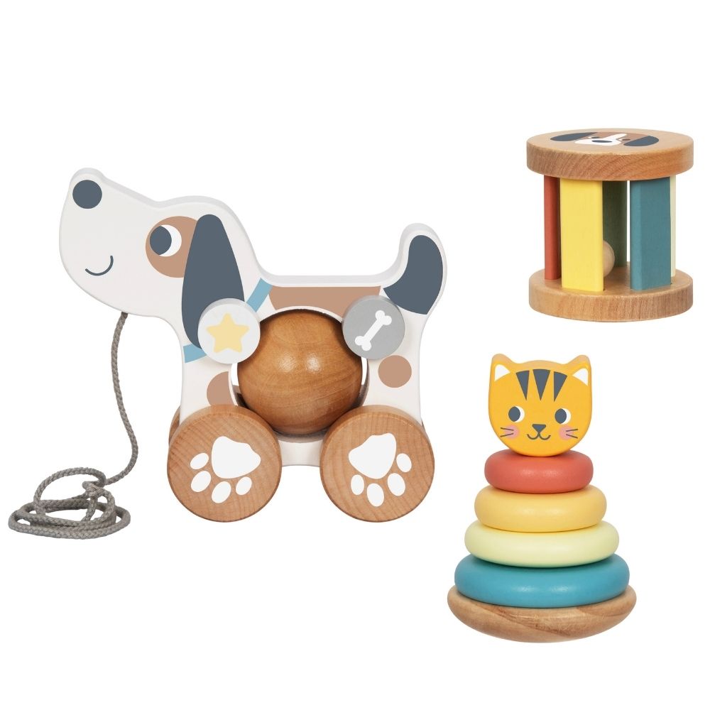 TookyToy - 3-in-1 Wooden Toy Gift Set - Rattle, Stacking Tower and Pull-Along Puppy - Motherhood