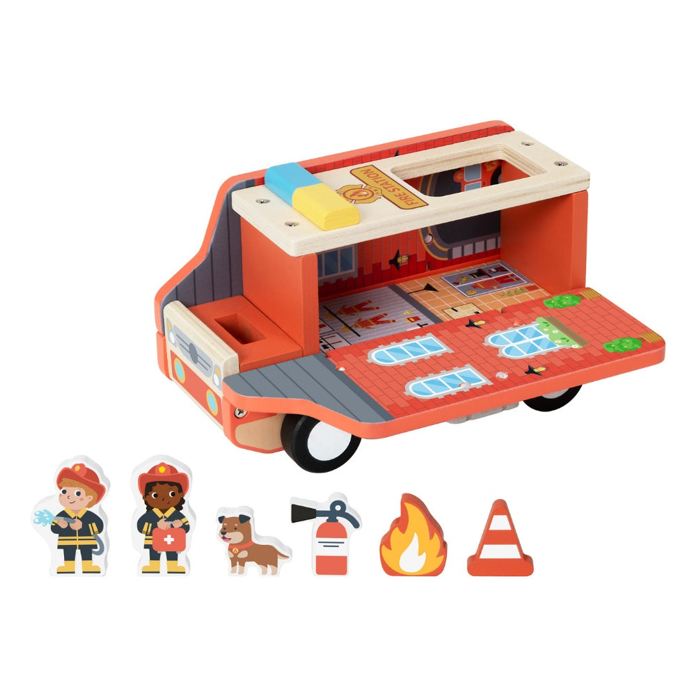 TookyToy - Pretend Play Wooden Fire Truck Toy Set - 7 Pieces