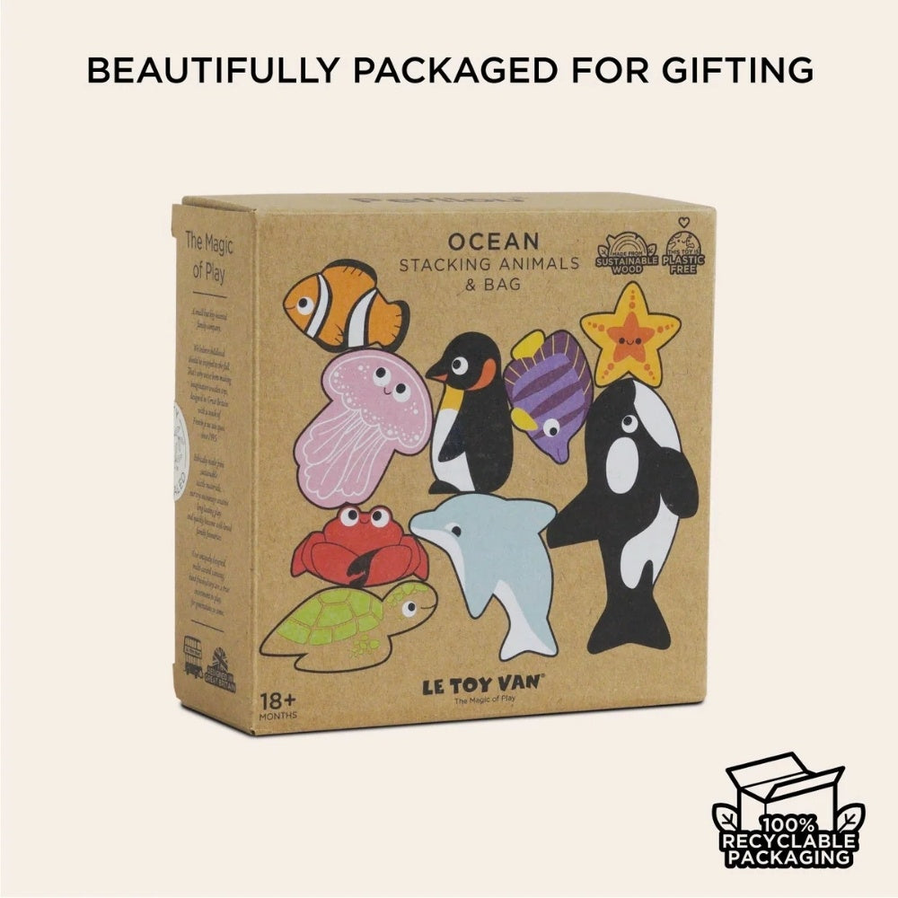 Le Toy Van - Wooden Ocean Life Stacking Animals & Bag - 10pcs