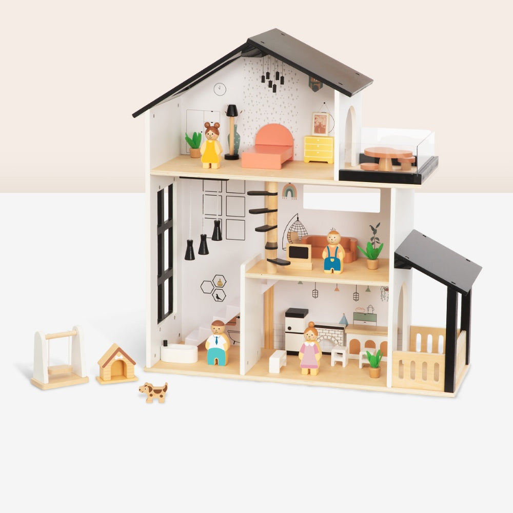 TookyToy - Wooden Dollhouse Toy Set with Furniture and Accessories