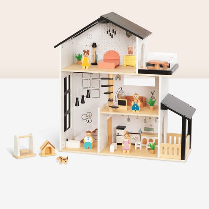 TookyToy - Wooden Dollhouse Toy Set with Furniture and Accessories