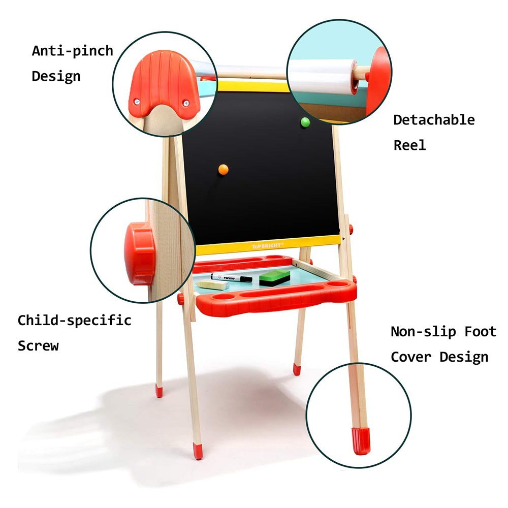TopBright - 2 in 1 Deluxe Standing Art Easel - Adjustable Height - Black & White Board with Paper & Paint Holder - 54 x 49 x 112 cm