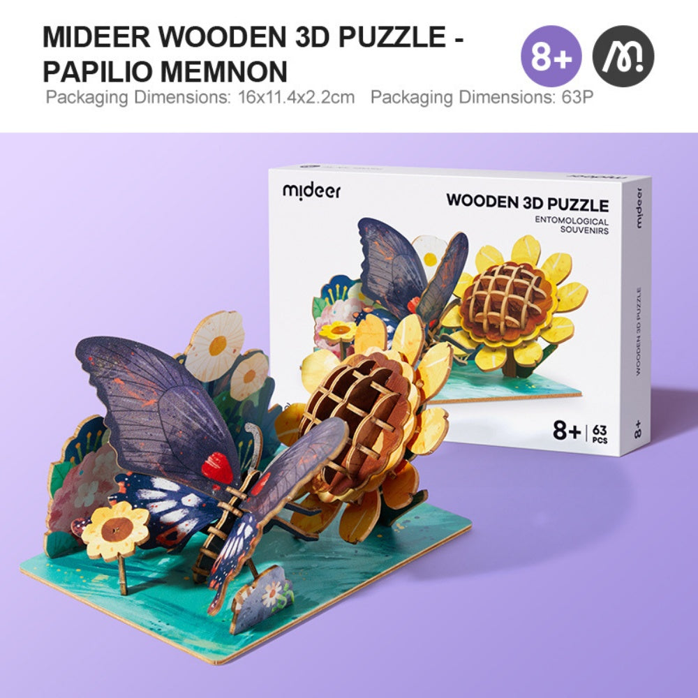 Mideer - Wooden 3D Puzzle for Kids with Educational Flash Cards - Butterfly 48 Pieces