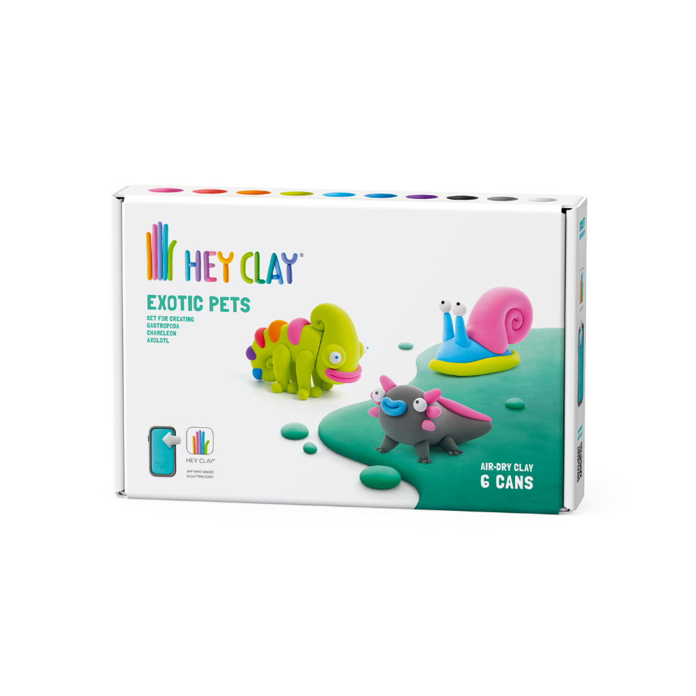 Hey Clay - Modelling Air-Dry Clay with Fun Interactive App - Chameleon, Gastropoda, Axolotl, Series Exotic Pets, 6 cans